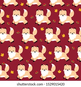 
Vector autumn pattern with little kawaii fox on a burgundy background. Elements are located in one direction. Between the shape are autumn leaves and berries.