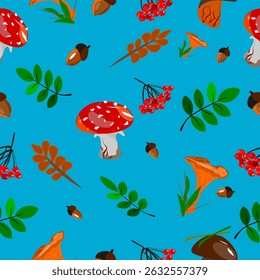 Vector autumn pattern, mushrooms, viburnum, acorns. Cute print for all your products.