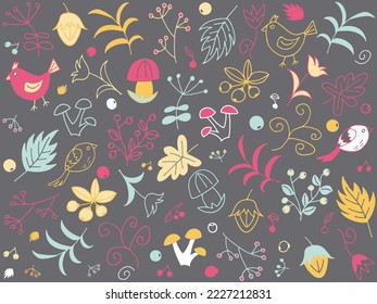 Vector autumn pattern on a gray background. Doodle style, hand drawn. Idea for poster, wrapping paper, design of kitchen towels.