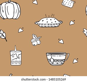 Vector autumn pattern. Pie, candle, berries, pumpkin, cup.