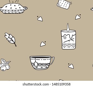 Vector autumn pattern. Pie, candle, berries, heart, cup.