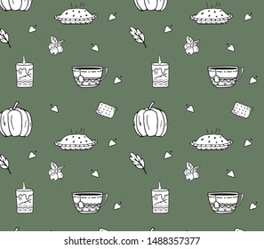 Vector autumn pattern. Pie, candle, berries, pumpkin, cup.