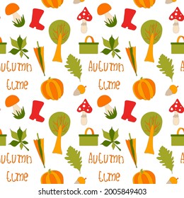 vector autumn pattern . seamless billet with autumn elements . umbrella, tree, leaves , acorn, mushrooms, boot, bright orange green red seasonal illustration . design for printing, packaging , textile