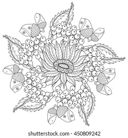 Vector autumn patterned background with oak leaves, sunflower, Rowan berries for adult coloring pages. Hand drawn artistic monochrome illustration in ethnic, zentangle style. Doodle design. 