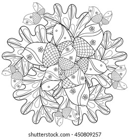 Vector Autumn Patterned Background With Oak Leaves And Trees For Adult Coloring Pages. Hand Drawn Artistic Monochrome Illustration In Ethnic, Zentangle Style. Doodle Design. 