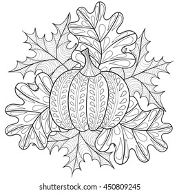 Vector Autumn Patterned Background With Pumpkin, Maple And Oak Leaves For Adult Coloring Pages. Hand Drawn Artistic Monochrome Illustration In Ethnic, Zentangle Style. Doodle Design.