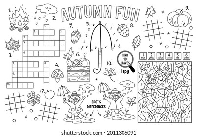 Vector autumn placemat for kids. Fall printable activity mat with maze, tic tac toe charts, connect the dots, find difference, crossword. Black and white play mat or coloring page with animals
