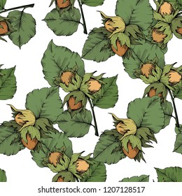 Vector autumn plant hazel nut. Leaf plant botanical garden floral foliage. Seamless background pattern. Fabric wallpaper print texture. Vector leaf for background, texture, wrapper pattern.