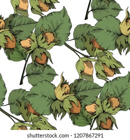 Haselnuss der Herbstpflanze. Blattpflanze botanischer Garten Blumenblätterblättern. Nahtloses Hintergrundmuster. Tapete-Tapete-Druckstruktur. Vektorblatt für Hintergrund, Textur, Wrapper-Muster.