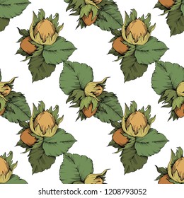 Vector autumn plant hazel nut. Leaf plant botanical garden floral foliage. Seamless background pattern. Fabric wallpaper print texture. Vector leaf for background, texture, wrapper pattern.
