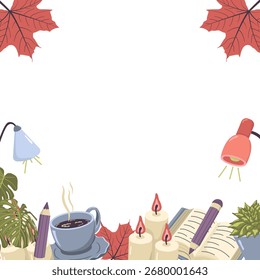 Vector autumn postcard with books and a cup of coffee, flowers and candles. Concept for studying and cozy reading. Illustration for the World Book Day. Calm study session with books and a plant.