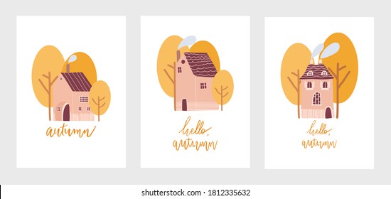 Vector autumn postcards and posters wit cozy tiny houses and autumn trees. 