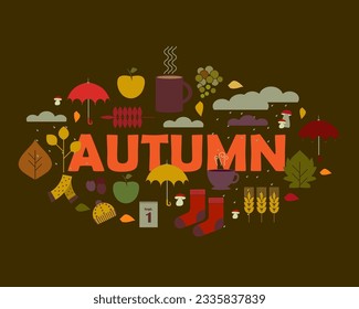 Vector autumn poster in flat style - icons and signs of autumn theme.