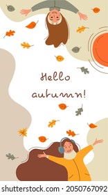 Vector autumn poster with joyful girls enjoed at the fall of the leaves.