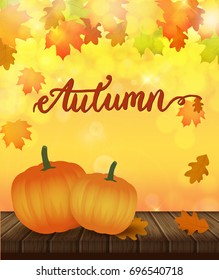 Vector autumn poster with leaves background and pumpkins. Thanksgiving illustration
