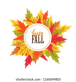 Vector Autumn  poster with maple leaves and circle label on white background. Happy fall. Autumn festifal
