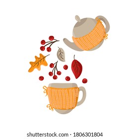 Vector autumn pouring tea party  Knitted Teapot pour fall elements as leaves   berries in mug  Place for text mug   teapot  Concepn drink hot coffee tea in autumn 