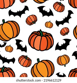 Vector Autumn Pumpkin pattern with bats. halloween. Thanksgiving vegetable seamless print