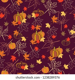 Vector Autumn Pumpkins with Maple Leaves  repeat pattern. Great for wallpaper, packaging, backgrounds, invitations
