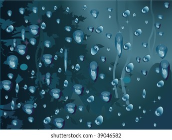 Vector, autumn rain drops on blue glass background