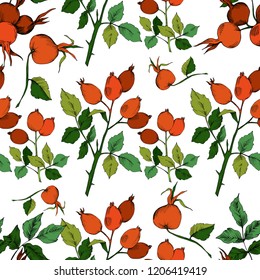 Vector autumn red rose hip plant. Plant botanical garden floral foliage. Seamless background pattern.Vector leaf for background, texture, wrapper pattern, frame or border.