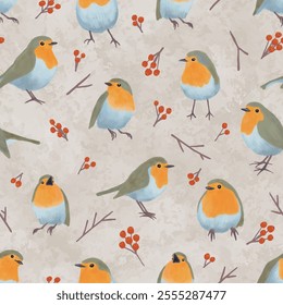 Vector Autumn Robins in Berries background pattern print. Ideal for seasonal gifts and decorations. Perfect for fabric, wallpaper, wrapping, scrapbooking and stationery. Surface pattern design.