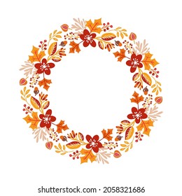 Vector Autumn round frame. Wreath of fall leaves. Background with hand drawn autumn leaves with place for your text. doodle scandinavian design elements illustration.