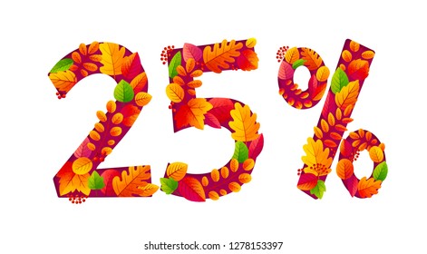 Vector autumn sale 25% off discount with orange fall leaves in number shapes