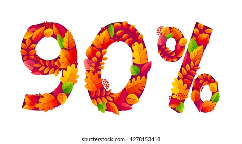 Vector autumn sale 90% off discount with orange fall leaves in number shapes