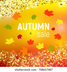 Vector autumn sale background with red, orange, green and yellow falling autumn leaves and circles on a orange background. Autumn sale background with leaves. Vector illustration.