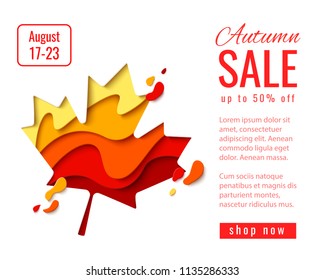 Vector Autumn Sale background template with paper cut autumn maple leaf for shopping sale flyer, web banner. Fall seasonal shopping promo poster