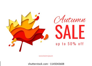 Vector Autumn Sale background template with paper cut autumn maple leaf for shopping sale flyer, web banner. Fall seasonal shopping promo poster