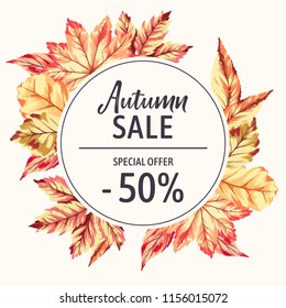 Vector Autumn sale banner with brights fall leaves. Sale card for print, flyer, banner, promotion