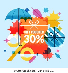 Vector autumn sale banner with colorful fall leaves, umbrella, and gift box. Perfect for seasonal discount poster, promo flyer, or coupon design template