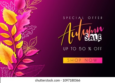 Vector autumn sale banner with hand lettering and leaves.