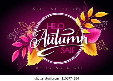 Vector autumn sale banner with hand drawn lettering and leaves.