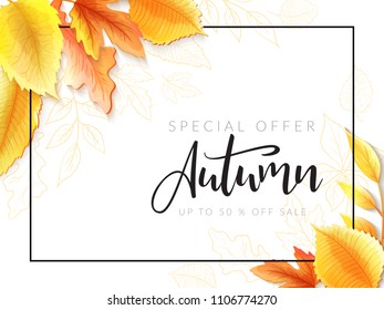 Vector autumn sale banner with hand drawn lettering and leaves.