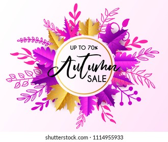Vector autumn sale banner with hand drawn lettering and leaves. Design template for banner, flyer, poster, menu, tag, promotion. Vector illustration, purple, gold, orange.