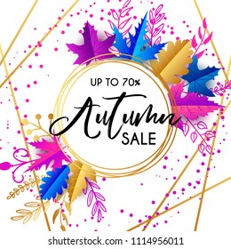 Vector autumn sale banner with hand drawn lettering and leaves. Design template for banner, flyer, poster, menu, tag, promotion. Vector illustration, purple, gold, orange.