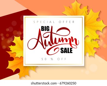 Vector autumn sale banner with hand lettering and yellow autumn maple leaves.