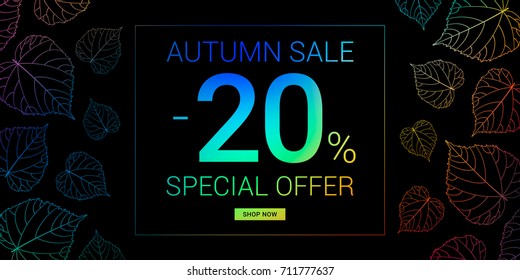 Vector autumn sale banner with holographic neon leaves and text. Good for social media, promotional materials, ads, email marketing.