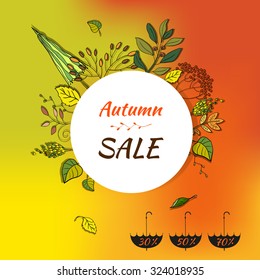 Vector autumn sale banner. Vector illustration with hand drawn autumn elements made of flow colorful background. Label design. 