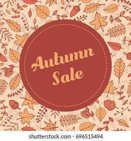 Vector autumn sale banner with pattern containing maple and oak leaves, tree branches, acorns and berries. Flyer template for your design.