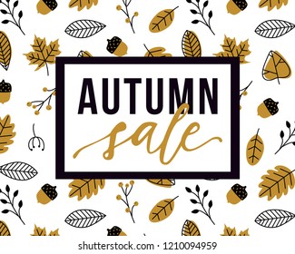 Vector autumn sale flyer template with lettering and pattern with fall leaves and acorns. Poster, card, label, banner design.