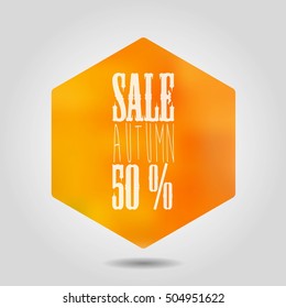 Vector autumn sale icon in hexagonal shape. Orange gradient mesh hexagon with rounded corners and white text label and numbers on grey background with shadow.
