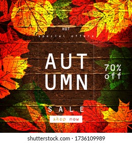 Vector autumn sale lettering label. Banner with hand drawn typography and leaves on a wooden background