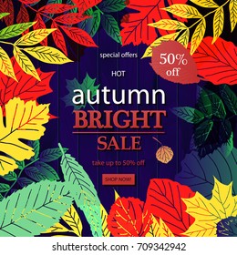 Vector autumn sale lettering label. Banner with hand drawn typography and leaves on a wooden background