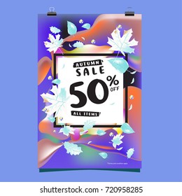 Vector autumn sale poster template with lettering. Bright fall leaves. brochure, card, label, banner design. Bright commercial background design. 