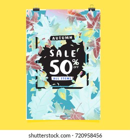 Vector autumn sale poster template with lettering. Bright fall leaves. brochure, card, label, banner design. Bright commercial background design. 