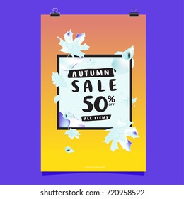 Vector autumn sale poster template with lettering. Bright fall leaves. brochure, card, label, banner design. Bright commercial background design. 